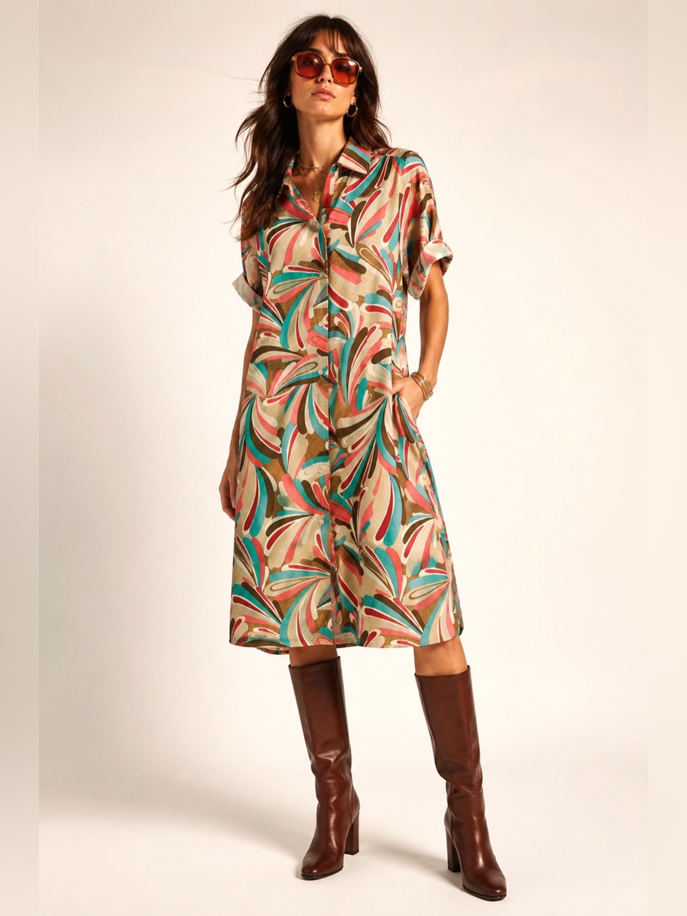 Vintage Nine West Silk Abstract Pattern Midi Shirt Dress | Multicolor | Size 4